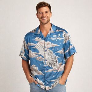 Rebel Vengeance Shirt Mens XL Blue White Skull Wings Cloud Goth Biker Rocker